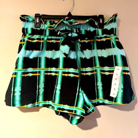 future collective Pants - Future Collective Black/Aqua Tie Waist Paper Bag Shorts